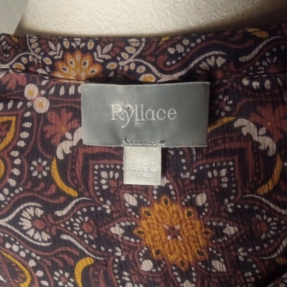 Ryllace Floral Silk Tunic Dress Split V Neck 3/4 Sleeve Red Tan Size 16 - Picture 8 of 9